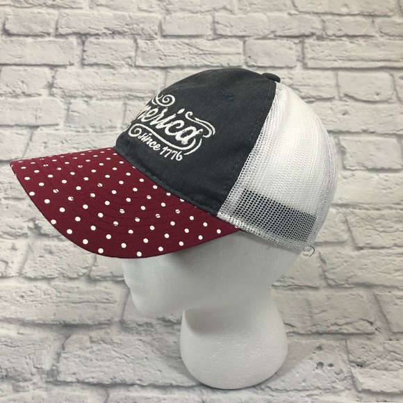 America USA Ball cap Adjustable Polka Dot Gray Burgundy Mesh snap back - Picture 7 of 10